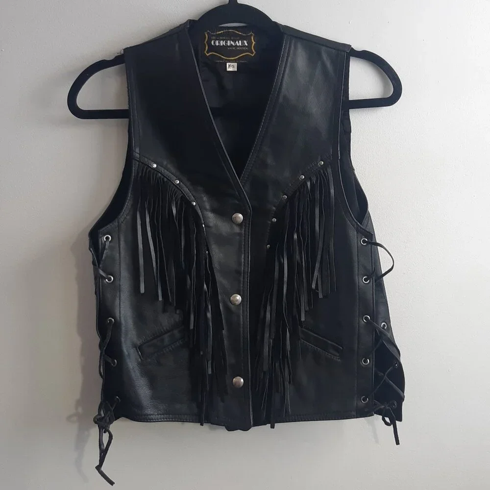 Vintage Genuine Leather Fringe Vest Biker Western Black Lace Up Made in Canada S - Picture 1 of 11